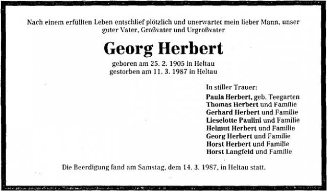 Herbert Georg 1905-1987 Todesanzeige